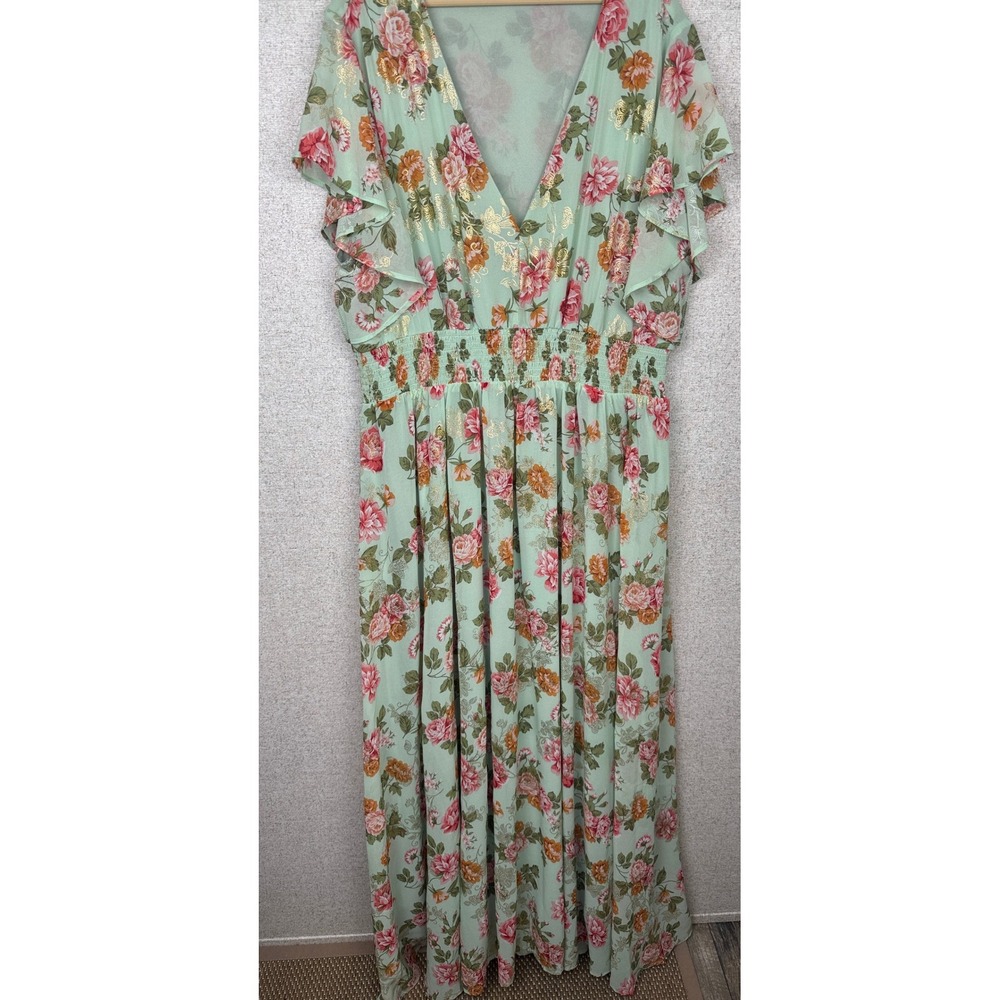 Baltic Born Mint Green Floral Gold Foil Smocked Waist Flutter Maxi Dress 3XL